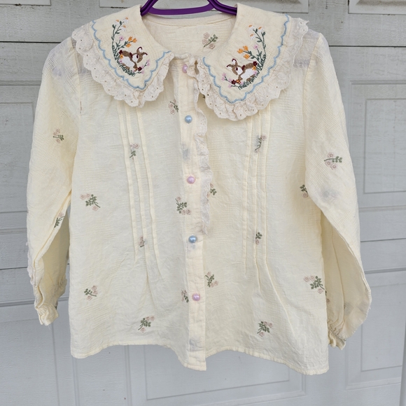 unbranded Other - Charming Cream Girl's Blouse with Embroidered Bunnies And Flowers.